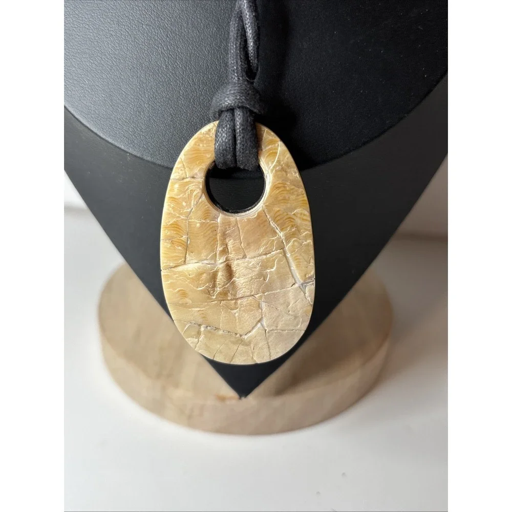 Mother of Pearl Mosaic Pendant Necklace Wood Back Black Cord 24